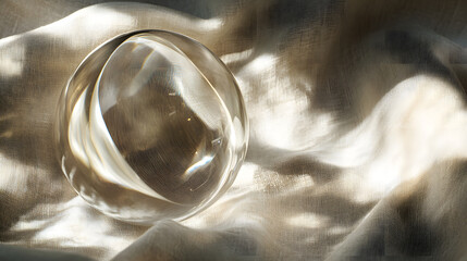 Fototapeta premium Transparent Sphere on Fabric: A crystal-clear glass sphere rests delicately atop luxurious, flowing fabric, its transparent surface reflecting the subtle play of light and shadow.