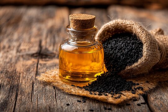 A glass bottle filled with yellowish black seed oil is placed next to a burlap sack spilling black cumin seeds on a weathered wooden surface. The scene highlights natural ingredients - Powered by Adobe