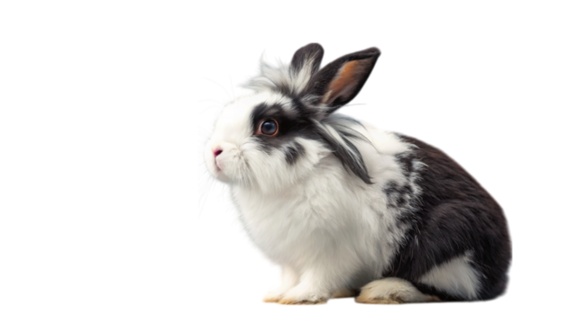 A fluffy black and white rabbit sitting against a black background in a studio setting looking left