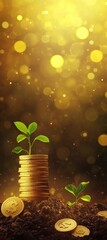 Young plant sprouts from a stack of golden coins nestled in soil, bathed in a warm, golden light.  Growth and wealth concept