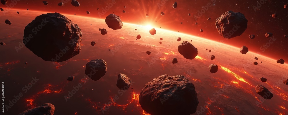 Poster asteroids swarm in space fall on planet. cosmic background features celestial destruction. rocks and