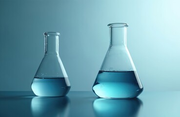 Two glass flasks filled with blue liquid in a lab. Scientific research, chemistry and medicine experiments. Health science lab, biotechnology research. Banner background for science tech themes.