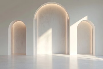 Minimalist interior with three arched alcoves, bathed in soft sunlight.  Wooden-toned paneling highlights the arches.  Smooth, light-colored flooring reflects the light