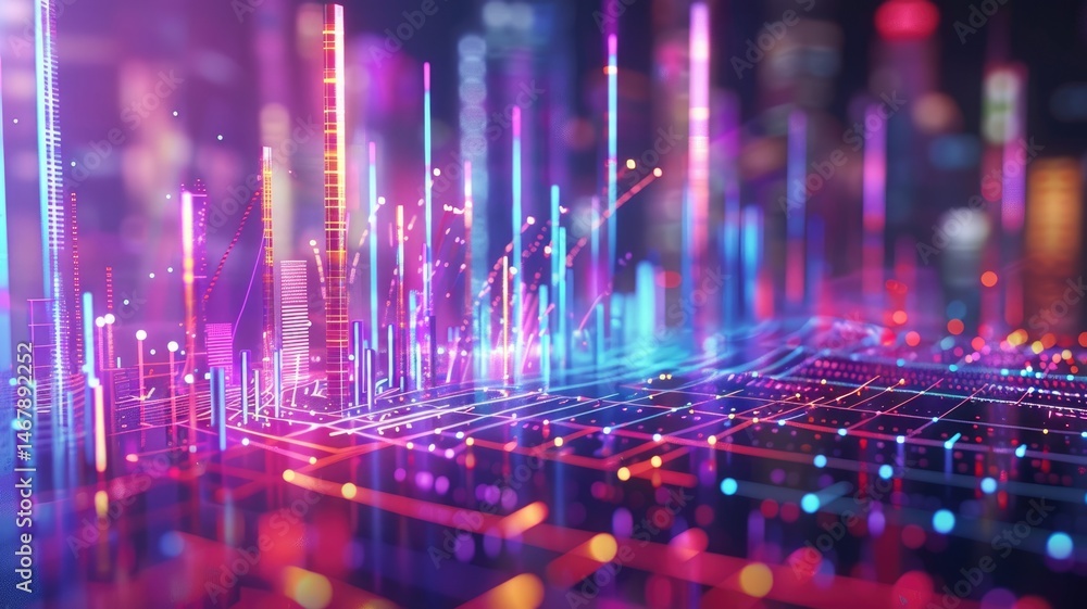 Poster explore a vibrant 3d interface showcasing abstract data visualization with colorful axes, dynamic sh
