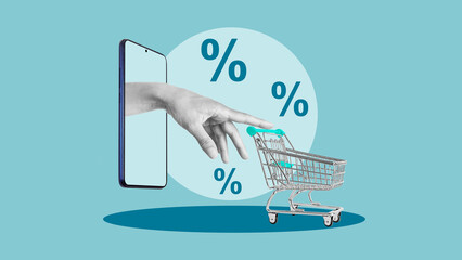 Online Shopping and Store in a smartphone. Cost reduction concept and Seasonal discounts