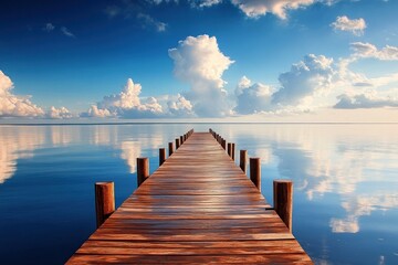 Obraz premium Tranquil Wooden Dock Extending into Serene Ocean Waters under a Cloudy Sky