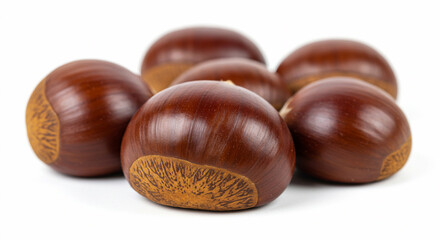 Obraz premium Exquisite Close-Up of Shiny Brown Chestnuts, Autumn Harvest, Freshly Picked, Ready to Roast, Delicious Fall Treat, Perfect for Thanksgiving or Christmas