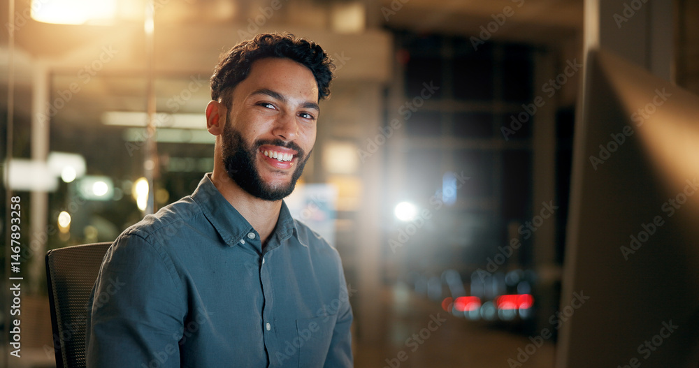 Aufkleber Portrait, man and computer with smile for coding, programing and software engineer system update. Night, tech and happy person for project management deadline, overtime and development feedback
