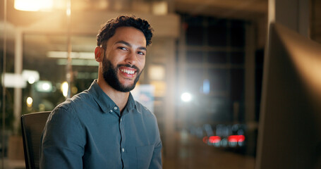 Portrait, man and computer with smile for coding, programing and software engineer system update....