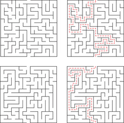 Four square mazes with various routes to solve illustrating challenges and solutions for problem solving concepts