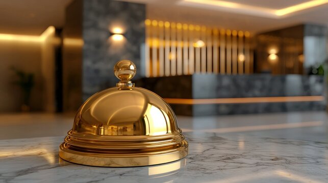 Golden service bell on marble reception desk in modern hotel lobby