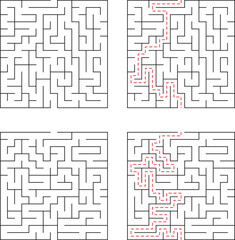 Four different maze solutions with a highlighted path displayed in red demonstrating the correct way.