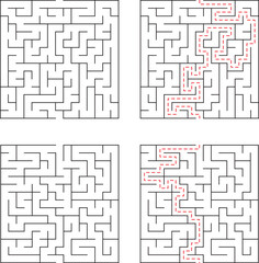 Four square mazes with red solution paths illustrating problem solving and strategic thinking