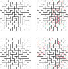 Black and white maze puzzles with the red solved path showing the correct route to solution