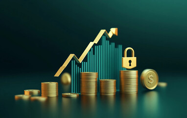 Secure financial growth concept with golden coins chart padlock and dollar symbol