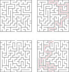 Four complex square mazes with varying difficulty levels and completed solution paths clearly illustrated