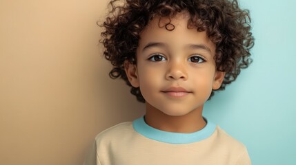 Naklejka premium Portrait of a curlyhaired child smiling calmly against a twotoned background