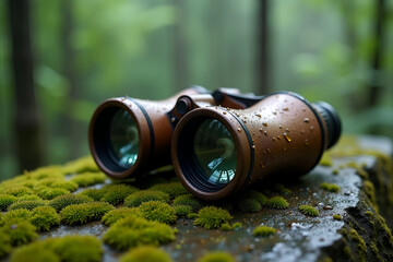 ‎Close-Up of Wet Binoculars on Mossy Rock in Forest