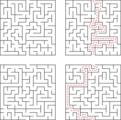 Four mazes of varying complexity with solutions outlined in red for problem solving concepts