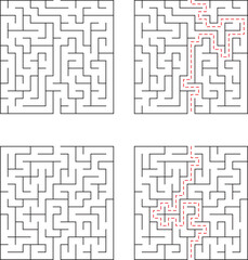 Four maze puzzles presented with solutions outlining the paths on a clean white background