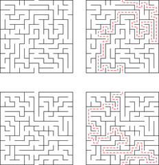 Four square mazes with the solutions shown by dashed red lines for conceptual puzzle elements
