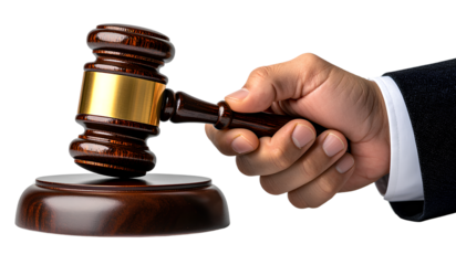 Elegant Legal Gavel in Suited Hand, Fairness and Authority Theme, Transparent Cutout