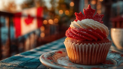 Maple leaf cupcake with red and white frosting, celebrating Canada Day with festive spirit.