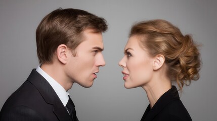 A professional couple facing off in a  setting.