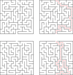 Four different maze puzzles with one featuring a red path demonstrating the solution to the complex challenge