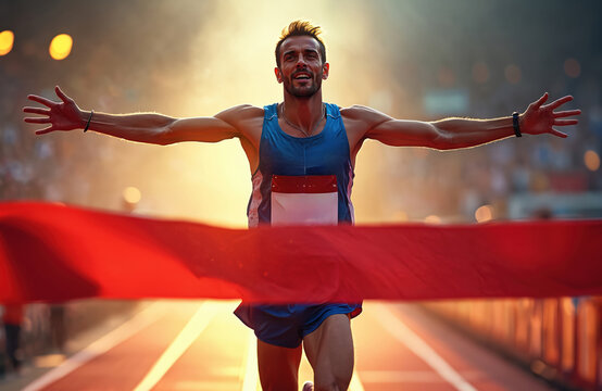 Athlete breaks red finish line tape. Man wins race, crossing tape. Marathon runner celebrating victory, arms outstretched at stadium. Active lifestyle, sports, success concept.