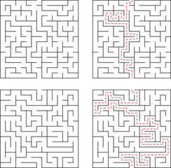 Four different maze designs with highlighted paths demonstrating complexity and solution finding concepts