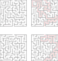 Four square mazes with solutions depicted in red lines representing problem solving and strategy