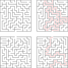 Four black and white mazes with red paths showing solutions to different challenging puzzles