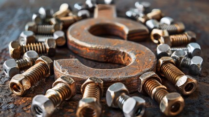 Rusty dollar sign surrounded by various metal fasteners