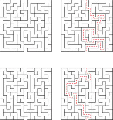 Four maze puzzles showcasing complexity and solutions for problem solving and navigation