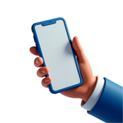 3D Render of Hand Holding Blue Smartphone Mockup for App Design and Mobile Marketing isolated on transparent background