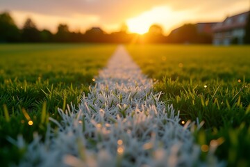 Close-Up of White Line on Green Sports Field with Sunset Background