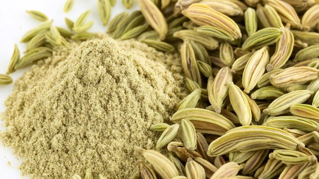Macro close up of fennel powder and whole fennel seeds isolated on a white background showing their texture overlay cut out on isolated transparent removed background