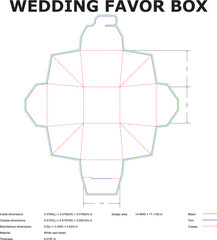 Detailed blueprint for a wedding favor box design featuring dimensions and construction details on a white background.