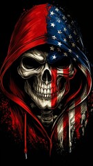 Un cráneo con una sudadera con capucha y una bandera estadounidense desgarrada.