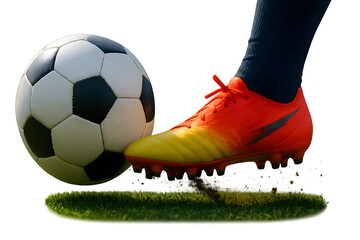 Soccer background concept, football banner with copy space text, foot kicking ball at goal, soccer game, match, transparent background