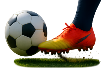 Soccer background concept, football banner with copy space text, foot kicking ball at goal, soccer game, match, transparent background