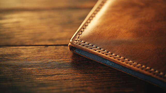 A classic leather wallet with blue tie detail on rustic wood, celebrating Father's Day with timeless craftsmanship and warmth.