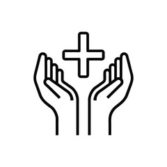 hand holding cross outline icon on white background