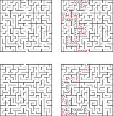 Four square mazes with two showing solutions outlined in red for problem solving and challenge