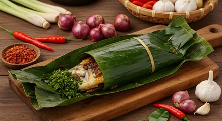 A close up of a fish dish wrapped in banana leaves with spices on a wooden table top