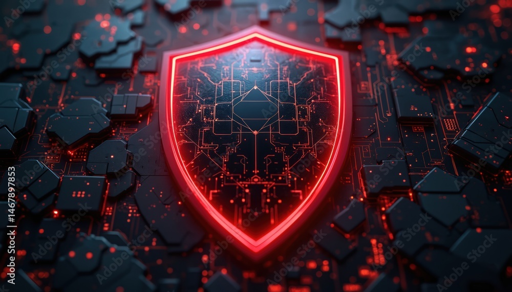 Poster Abstract shield icon symbolizes cyber threat prevention. Red and black design elements create sense of digital security and network safety. Futuristic tech innovation, protection of datum.