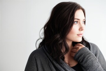 Retrato de una mujer con cabello negro y ojos azules, mirando hacia arriba, con un su&eacute;ter gris, fondo blanco.