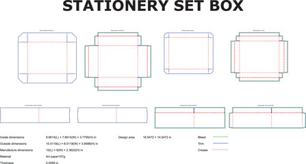Detailed technical templates for a square stationery set box die cut design with measurements