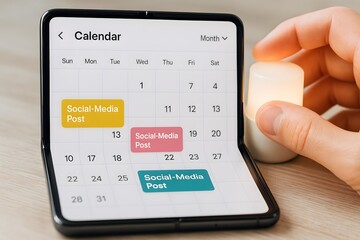 A hand adjusts events on a foldable smartphone calendar showing “Social-Media Post” slots. Concept of mobile scheduling and digital content planning.